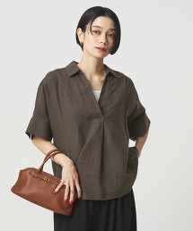 亞麻開襟領短袖襯衫