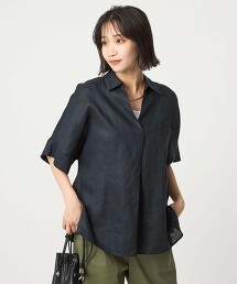 法國亞麻開襟領5分袖襯衫