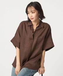法國亞麻開襟領5分袖襯衫