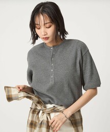 ＜at ease＞華夫格亨利領5分袖上衣