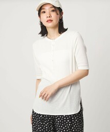 ＜at ease＞透膚羅紋抽針亨利領短袖上衣