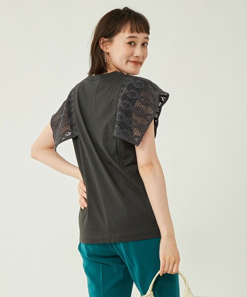 方形袖子 蕾絲 拼接 套頭衫 T恤 日本製