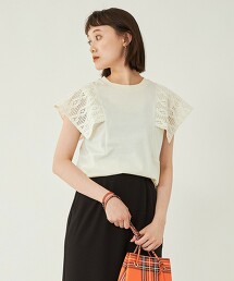 方形袖子 蕾絲 拼接 套頭衫 T恤 日本製