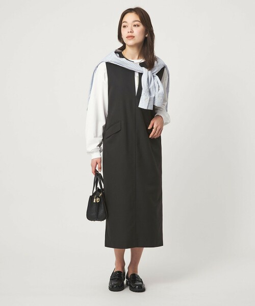 仿亞麻開口領連身洋裝