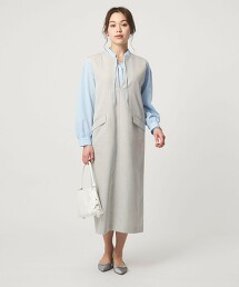 仿亞麻開口領連身洋裝