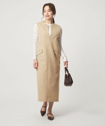 仿亞麻開口領連身洋裝