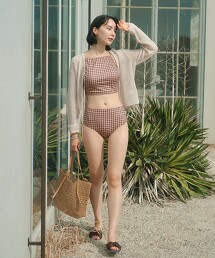 【預購】格紋美背高腰兩件式泳衣 