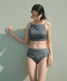 【預購】格紋美背高腰兩件式泳衣 