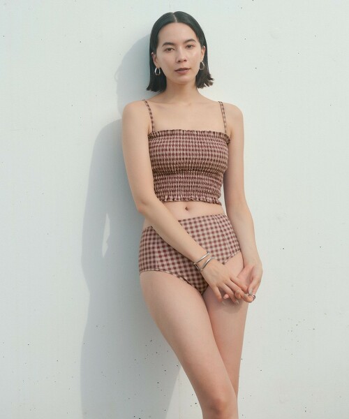 【預購】格紋縮褶背心兩件式泳衣