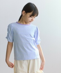 橫條紋皺褶袖T恤 100cm-160cm