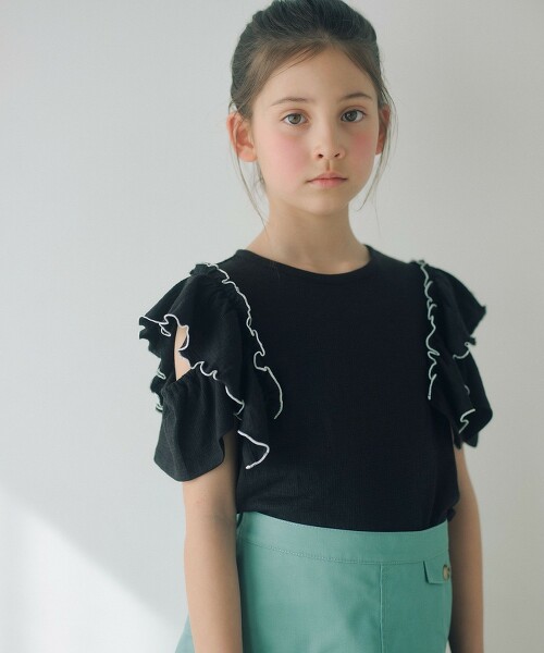 肩開衩褶邊T恤 140cm-160cm