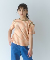 橫條紋肩開衩T恤 140cm-160cm