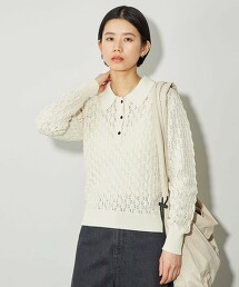 ＜CITEN＞蕾絲洞洞POLO領針織衫