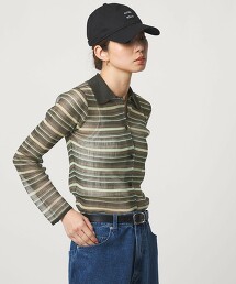 ＜CITEN＞透膚橫條紋POLO針織