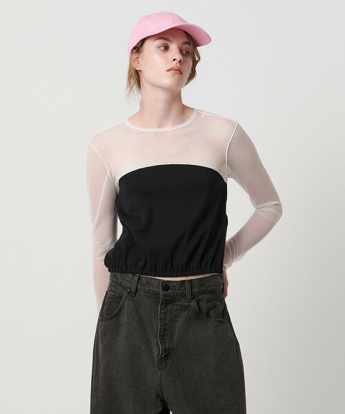 ＜ASTRAET＞ 彈性針織x透膚拼接圓領上衣 日本製