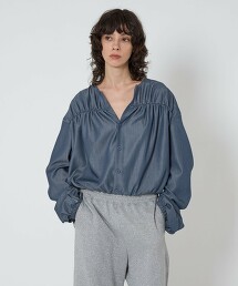 ＜ASTRAET＞仿牛仔抓皺無領罩衫 日本製