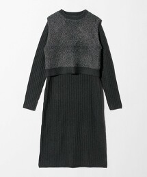 ＜A DAY IN THE LIFE＞混色羽毛背心＋羅紋洋裝套組