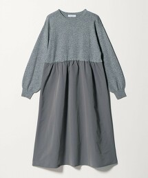 ＜A DAY IN THE LIFE＞針織×塔夫綢拼接抓皺洋裝 灰