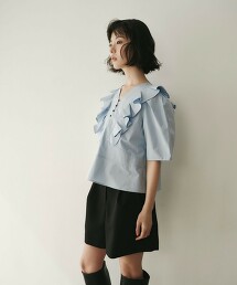 ＜EMMEL REFINES＞ 打摺荷葉邊5分袖罩衫