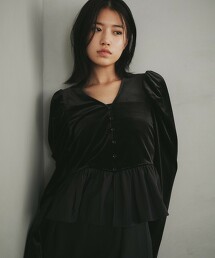 ＜EMMEL REFINES＞ 天鵝絨澎袖荷葉下擺開襟衫