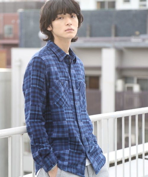 拼接格紋法藍絨襯衫