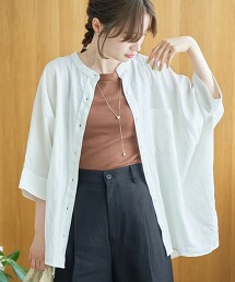 涼感亞麻嫘縈土耳其袖立領襯衫