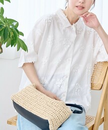 3D花朵刺繡短袖襯衫