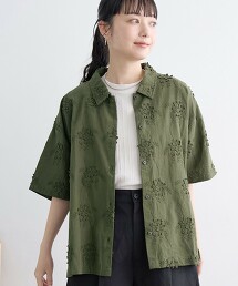 3D花朵刺繡短袖襯衫