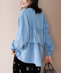 荷葉邊拼接印染毛圈布衛衣