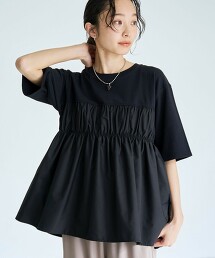 異材質拼接抓皺T恤