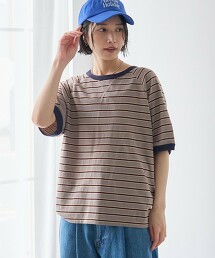 涼感 多彩橫條紋拉格蘭滾邊T恤