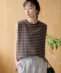 多彩橫條紋華夫格打摺無袖上衣