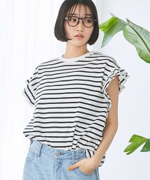 橫條紋褶邊上衣