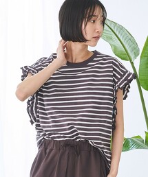 橫條紋褶邊上衣