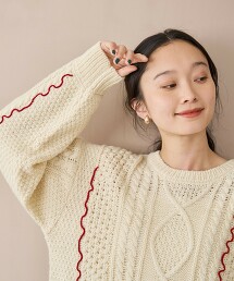 配色捲邊繩紋針織上衣