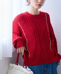 配色捲邊繩紋針織上衣