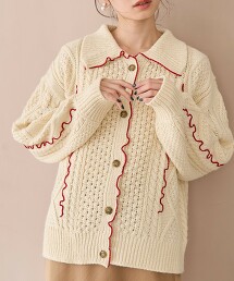 配色捲邊繩紋針織外套