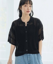 翻領短袖網眼針織外套