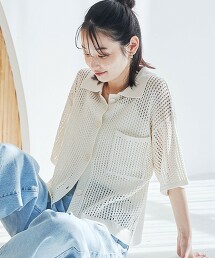 網眼針織POLO開襟衫