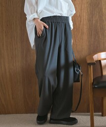 【新柄登場/彈性】柔滑條紋寬版休閒寬褲