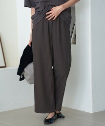 【新柄登場/彈性】柔滑條紋寬版休閒寬褲