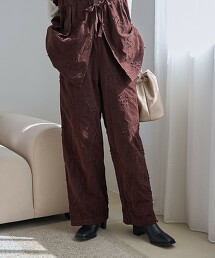 3D花朵刺繡燈芯絨輕便寬褲