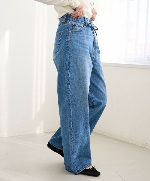 腰部綁結寬版直筒牛仔褲