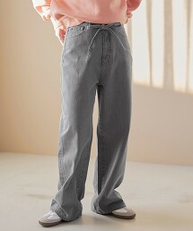 腰部綁結寬版直筒牛仔褲