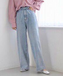 腰部綁結寬版直筒牛仔褲