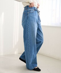 腰部綁結寬版直筒牛仔褲