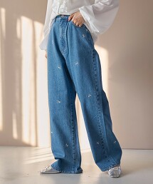 花朵刺繡寬版直筒牛仔褲