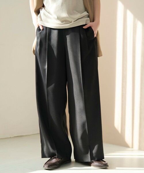 亞麻觸感雙摺寬褲 抗皺・抗UV