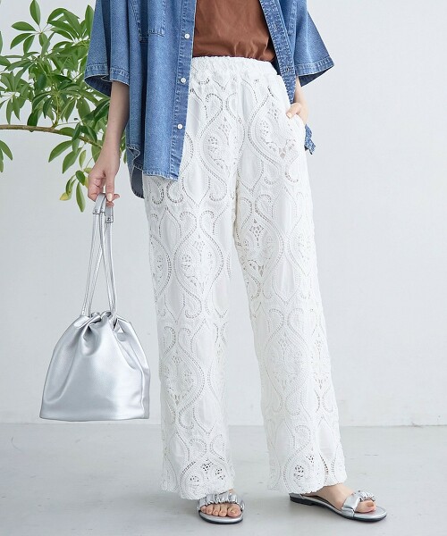 形狀刺繡蕾絲輕便寬褲