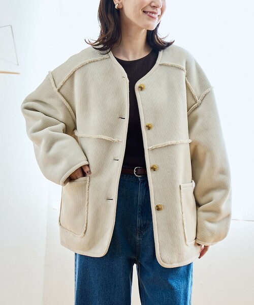 正反兩用 無領燈芯絨短外套